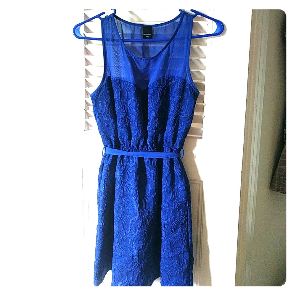 Blue party dress with illusion neck